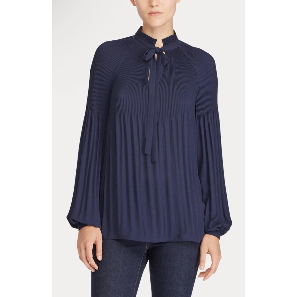Ralph Lauren Navy Blue Pleated Long Puff Sleeve Tie Neck Blouse Top size large